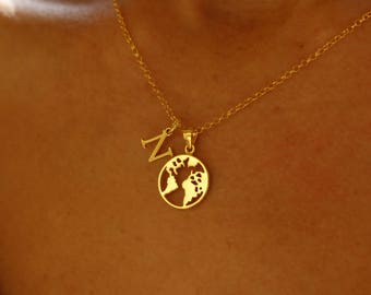 Personalized Gifts Gold World Map Necklace - Initial Necklace For Women - Traveler Jewelry - Gift For Her - Dainty Silver Initial Charm