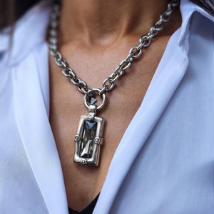 LARGE CRYSTAL Rectangle Pendant NECKLACE In Four Stone Colors – Big Chain Statement Chunky Zamak Necklace - Two tone versatile necklace