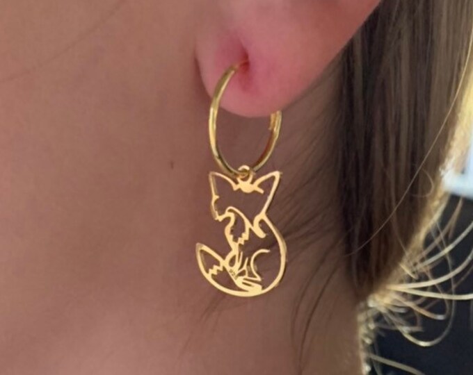 Gold Fox Charm Hoop Earrings For Women - Sterling Silver Animal Hoops Earrings - Fox Hoops Earrings Jewelry