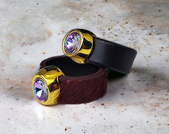 LEATHER RING with PREMIUM Multicolor Austrian Crystal and 4 diferent Leather Style,  Aesthetic Ring