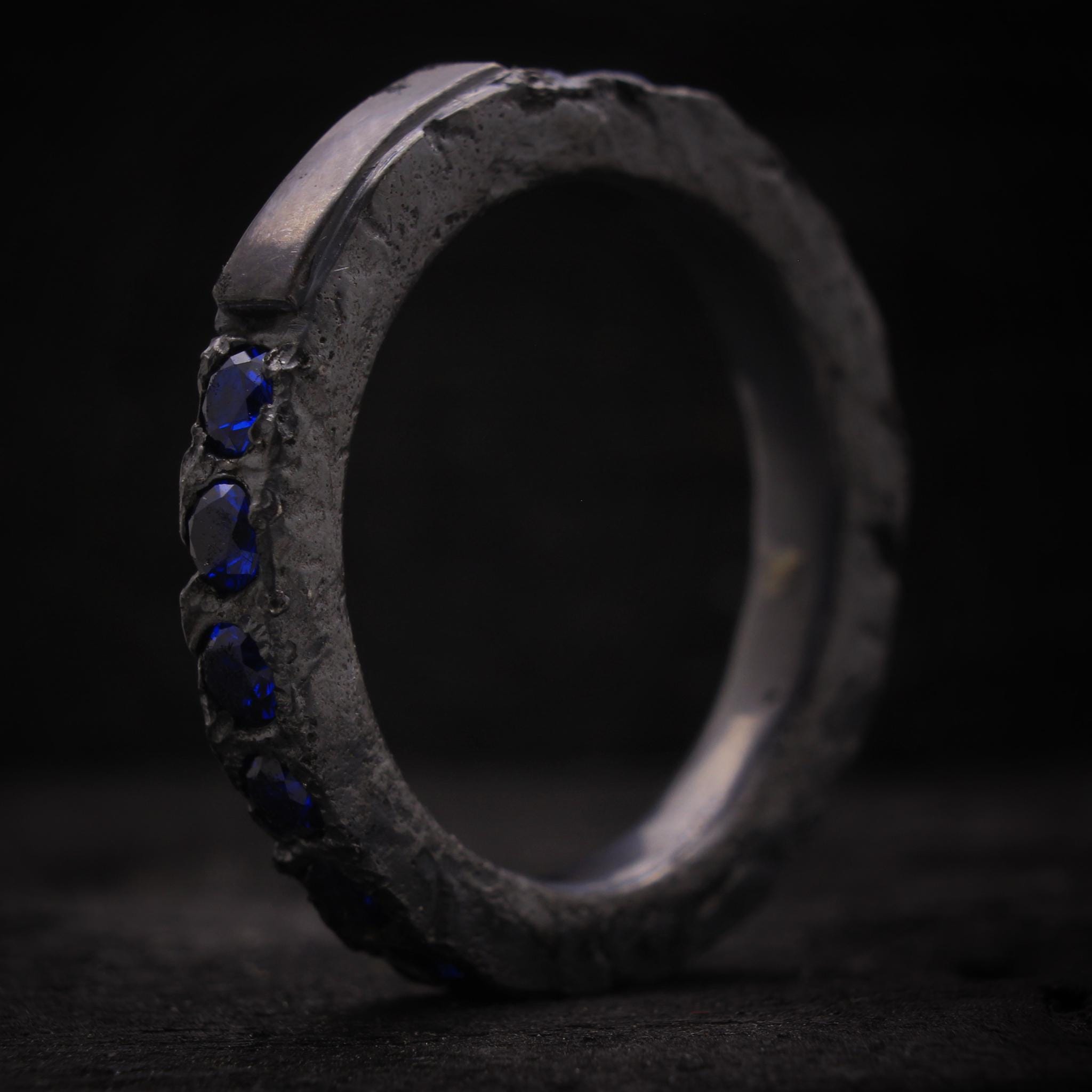 Mens Engagement Ring Silver Blue Spinel Band Oxidized Wedding