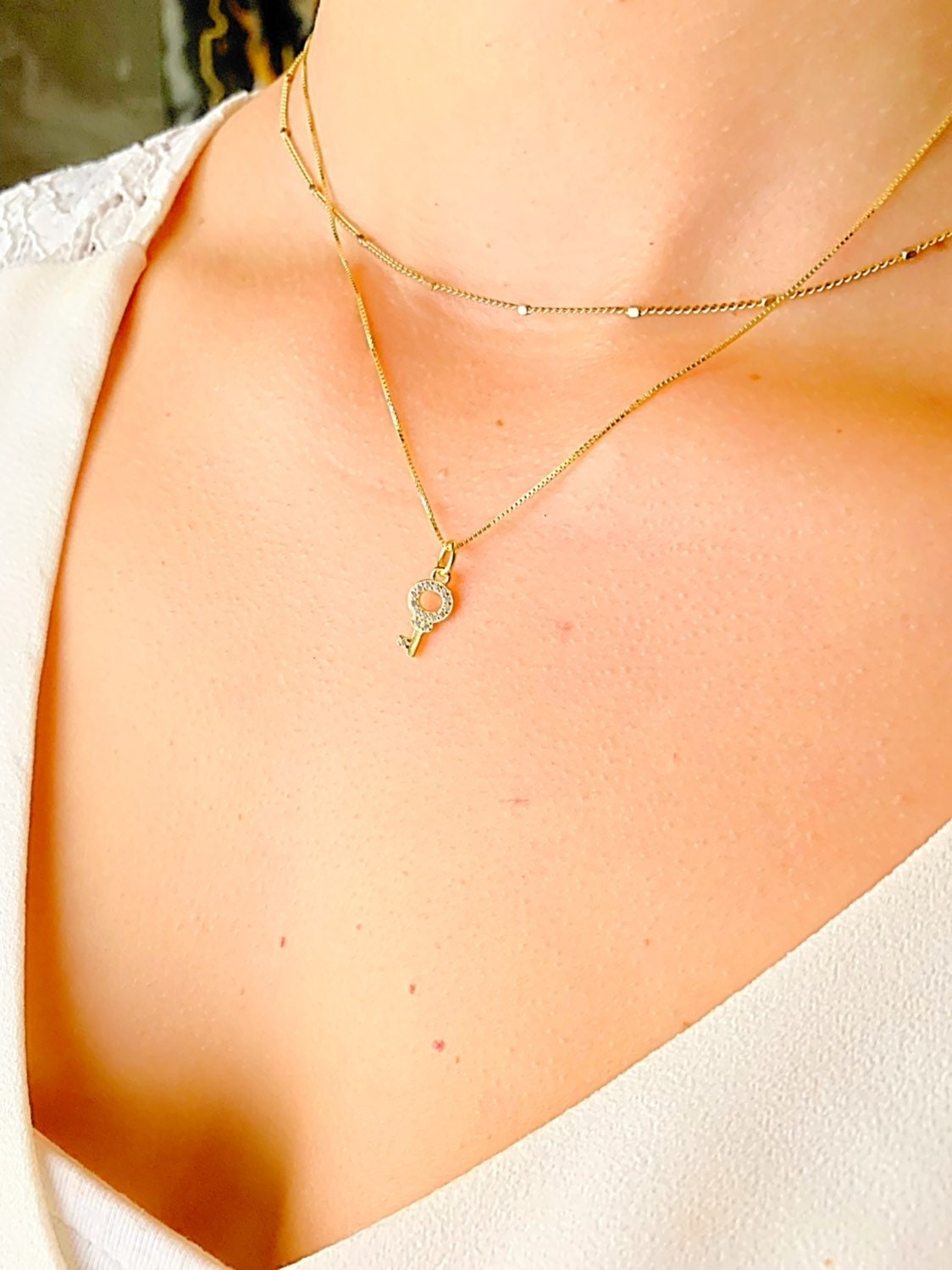 Gold Key Charm Necklace For Women With 