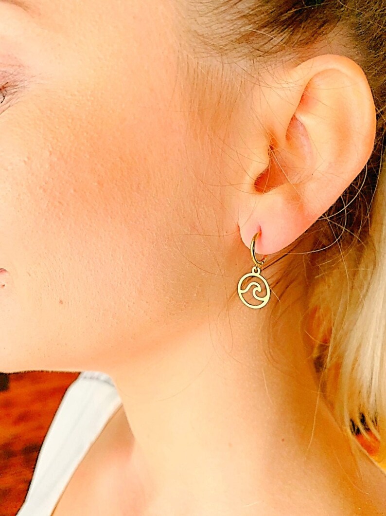 Wave Hoop Earrings Hoop Earrings With Charm Gold Hoop Etsy