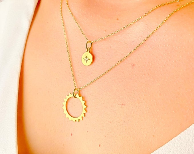 Gold Layering Necklace For Women - Dainty Star Layered Charm Necklace - Minimalist Sun Layered Jewelry To Gift For Her