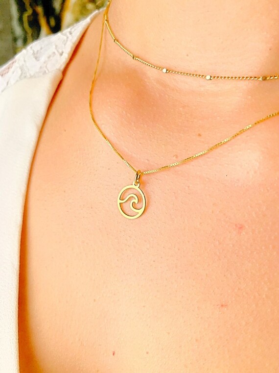 Dainty Gold Wave Charm Necklace for Woman Sterling Silver Wave