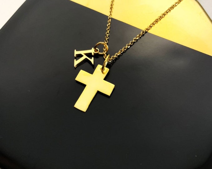 Gold Cross Necklace For Women - Minimalist Personalized Gift For Her - Dainty Religious Cross With Initial Jewelry