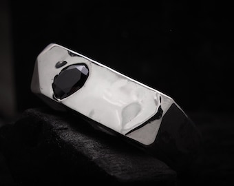 Handmade Recycled Sterling Silver Signet Ring: Sand Cast Ring With Zircon