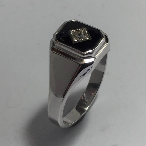 Sterling silver black onyx and diamond or cz hand crafted vintage mens ring.