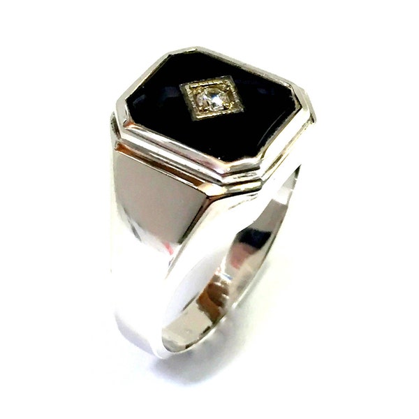 Sterling silver black onyx and diamond or cz hand crafted vintage mens ring.