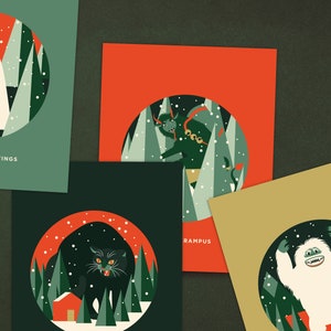 Carte de voeux Monstres des cryptes pour les Fêtes - individuelle, lot de 4 ou de 12 (cartes de Noël minimalistes modernes et effrayantes alternatives)