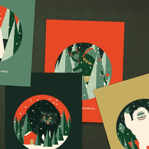 Holiday Cryptid Monsters Greeting Card - individual, set of 4, or of 12  (funny alternative spooky modern minimalist  christmas cards)