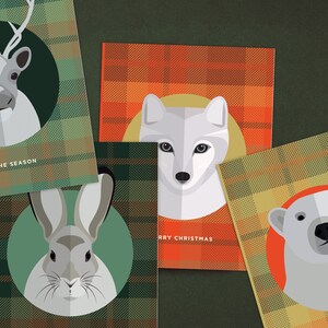 Carte de voeux de Noël animalier - l'un des quatre, lot de 4 ou 12 (cartes de Noël / vacances illustrées minimalistes modernes)
