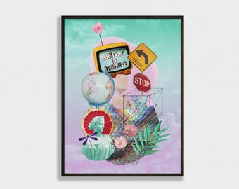 Modern pastel collage print | aesthetic y2k dorm wall art | printable 2000s psychedelic | retro vintage paper cutout | abstract room decor