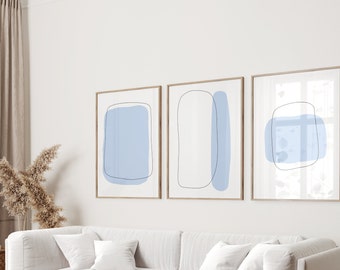 Pastel blue set of 3 abstract prints | neutral wall art | muted colours scandi home decor | minimalist chic line art | digital download