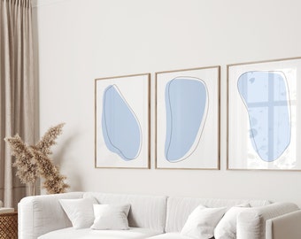 Set of 3 pastel blue abstract prints | neutral home decor | muted colours scandi wall art | minimalist boho line art | digital download