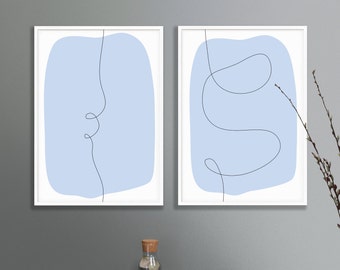 Set of 2 pastel blue abstract prints | neutral home decor | muted colours scandi wall art | minimalist continuous line | digital download