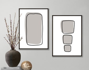 Set of 2 grey abstract art prints | neutral home decor | printable grayscale scandi wall art | minimalist line art blocks | digital download