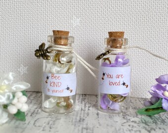 Friendship charm bottle, Bee Charm Gift, Miniature Jar of Flowers, Gift for Teacher