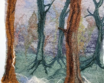 Moonlit Woodland Textile Art, Felt Art wool painting