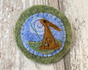 Moon Gazing Hare Brooch, Moon Gazing Pin, Felt Badge