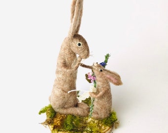 Needle felted Hares, Parent and Child sculpture, Mother's day gift