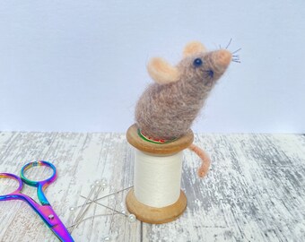 Needle felted mouse, Vintage Cotton Reel Sewing Gift