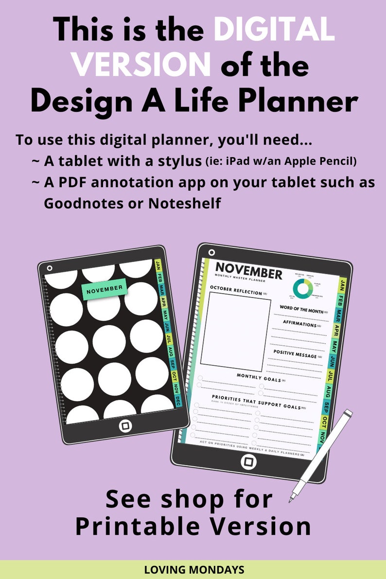 Digital Monthly Planner Goodnotes Notability iPad Tablet Etsy