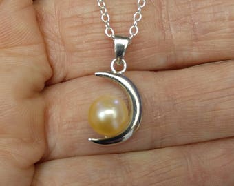 925 sterling silver half moon pearl pendant necklace