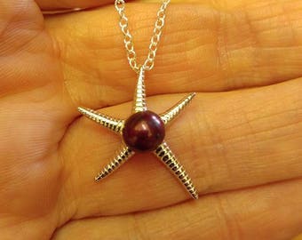 925 sterling silver star fish pearl pendant necklace