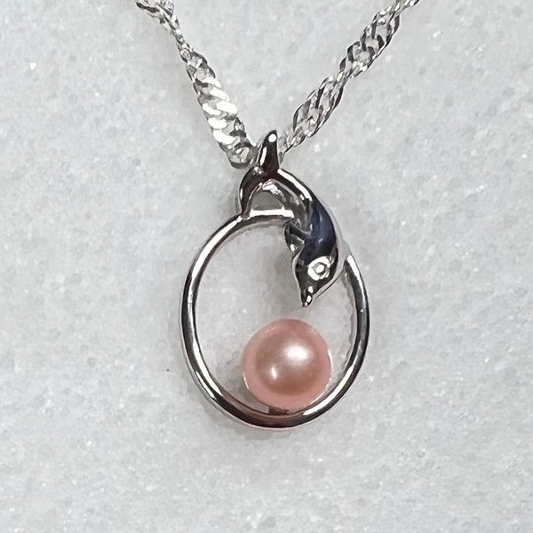 NEW 925 Sterling Silver diving dolphin pearl pendant necklace(includes chain)