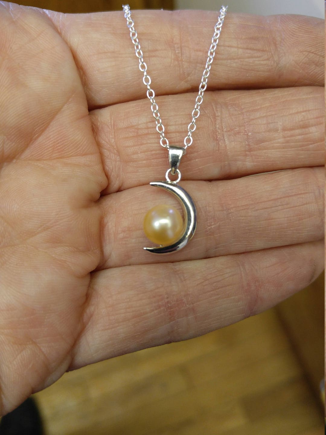 925 Sterling Silver Half Moon Pearl Pendant Necklace - Etsy