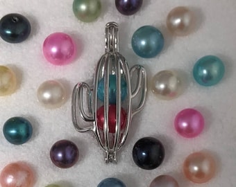 NEW 925 sterling silver double pearl cactus pearl cage locket pendant necklace (chain & oyster included)