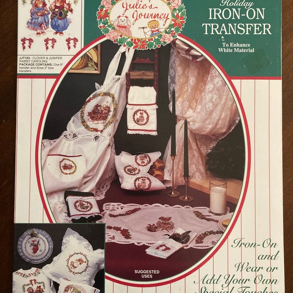 Vintage 1992 Julie’s Journey IRON-ON TRANSFER JJT103 Clover & Juniper Rabbit Caroling