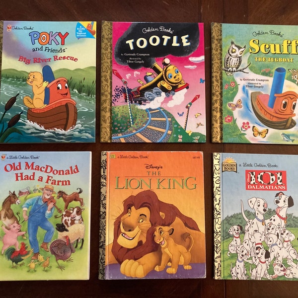 Set of 6 Vintage 1990's Little Golden Books - Tootle, Scuffy the Tugboat, Poky & Friends, Old MacDonald, 101 Dalmatians, The Lion King