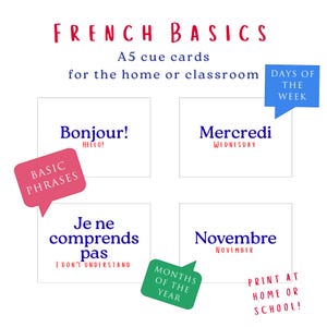 Puede incluir: Tarjetas de vocabulario francés en blanco. La imagen muestra las palabras "Bonjour!", "Mercredi", "Je ne comprends pas" y "Novembre". El texto incluye "French Basics", "Días de la semana" y "Meses del año". Tarjetas A5 para el hogar o el aula.