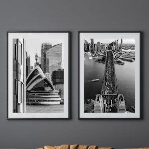 Sydney Black and White Prints - Set of 2, Sydney Opera House and Harbour Bridge, Original Art, Urban Poster, Australia City Prints