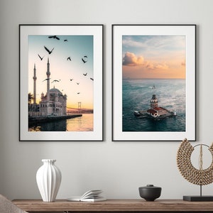 Impresión de Turquía / Impresiones de Turquía en Estambul - Conjunto de 2. Impresión de arte del amanecer de la Mezquita de Ortakoy, impresión fotográfica del atardecer de la Torre de la Doncella.