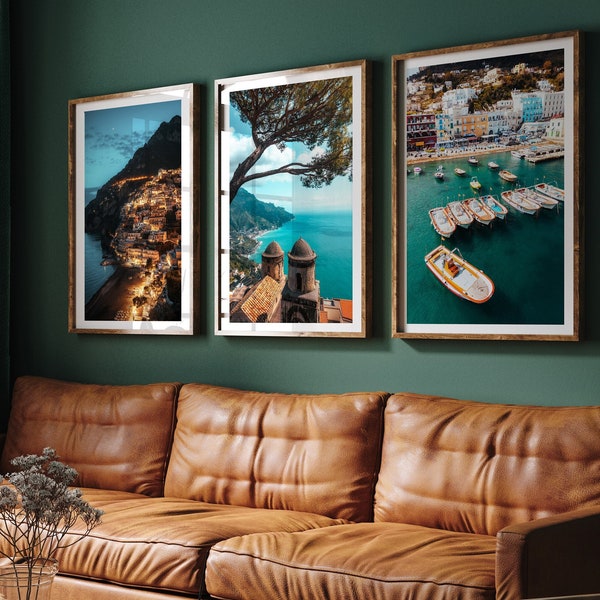 Amalfi Coast Prints - Set of 3, Positano, Ravello, Capri art prints, Aerial photography prints, Coastal wall art, Italy print