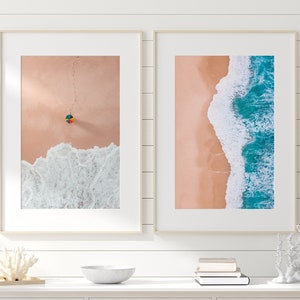 Australian Beaches Set of 2 | Beach Rainbow Umbrella Print | Peach Sand Beach Wall Art | Coastal Australia Prints