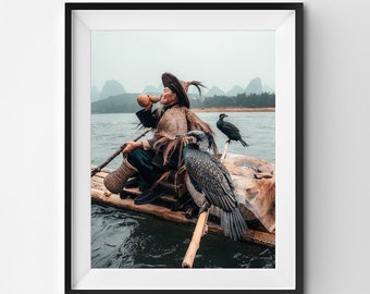 V3 Chinese Fisherman art print Cormorant fishing wall art from Yangshuo China Chinese culture photography for your home decor