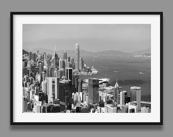 Hong Kong Central Black and White Print | Hong Kong Skyline Poster, HK Island Wall Art Print, Original photography by Peter Yan