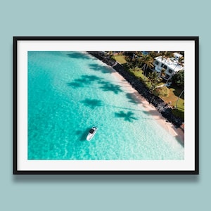 Lanikai Beach Wall Art – Hawaii Aerial Print with Boat and Palm Shadows, Turquoise Ocean Coastal Poster for Beach House Decor