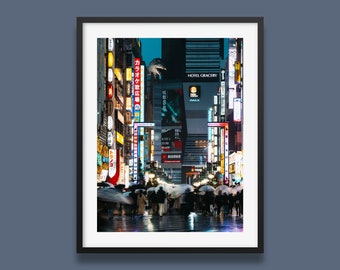 Tokyo Print | Shinjuku Godzilla Head Tokyo Original Art Print, Tokyo street night photography print vertical, Japan urban photo by Peter Yan