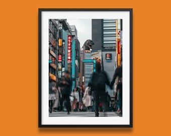 Japan Print | Tokyo Shinjuku Print | Godzilla Head In Tokyo Wall Art | Japanese Urban Poster