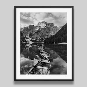 Black and White Dolomites Print – Moody Mountain Lake Photography, Unframed Alps Nature Wall Art