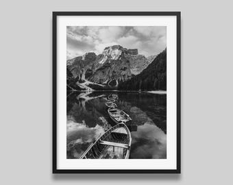 Impresión en blanco y negro de los Dolomitas – Fotografía del lago Moody Mountain, arte mural natural de los Alpes sin marco