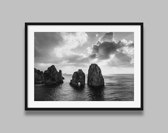 Capri Faraglioni Rocks Black and White Print | Capri Ocean Wall Art Print, Original BW photography print from Italy, Amalfi Coast