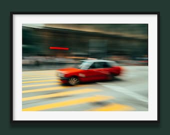 Hong Kong Red Taxi Print, Artist expression HK Poster, HK Yellow crossing photo wall art print, Original Photo by Peter Yan