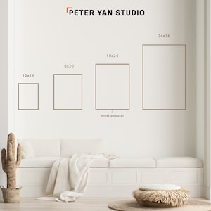 May include: A white wall with four different sized frames, labeled with their dimensions in inches. The frames are arranged from smallest to largest, with the largest frame labeled "24x36". The text "PETER YAN STUDIO" is at the top of the wall. The text "most popular" is below the frames.