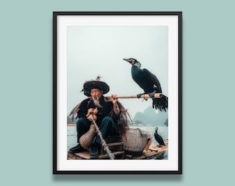 Fisherman Wall Art | Yangshuo Cormorant Fisherman print, Chinese art print, Fisherman poster from China V4